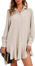 Womens Long Sleeve Shirt Dress Button Down Collared Flowy Mini Dress | Tunic, Ruffle Hem, Button Up, A Chest Pocket, Loose Fit, Shift Dress, Fall, Spring