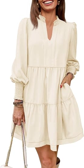 Womens Fall Long Sleeve Tunic Dress Casual V Neck Loose Ruffle Tiered Dress